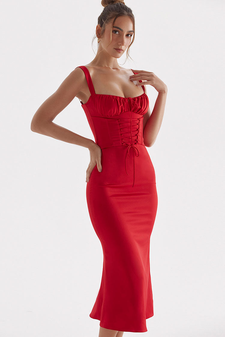 Satin Square Neck Lace Up Corset Ruched Bodycon Midi Dress - View 3