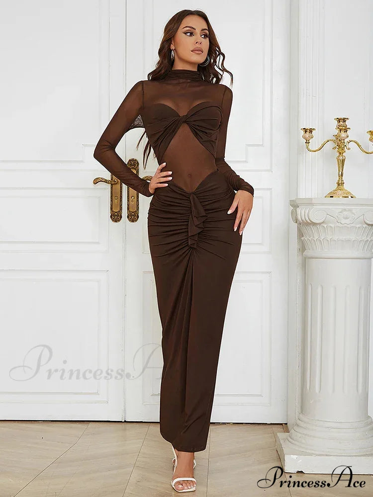 Sexy Turtleneck Mesh Patchwork Folds Brown Long Sleeve Draped Christmas Party Dress