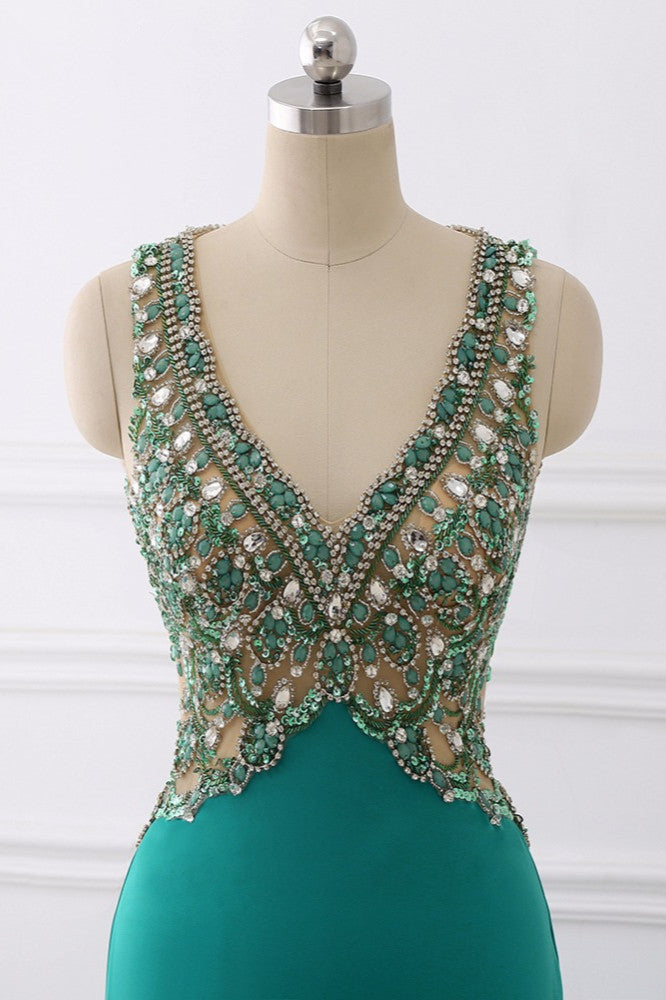 Sexy V-Neck Appliques Mermaid Prom Dresses Sleeveless with Crystals On Sale - Fashionpara