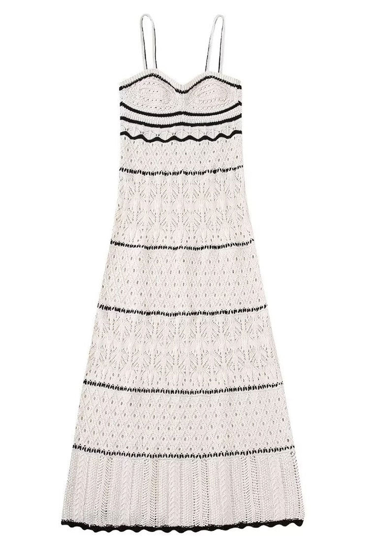 Sexy V Neck Cami Bicolor Striped Crochet Knit Midi Beach Vacation Dress - White  Fashionpara