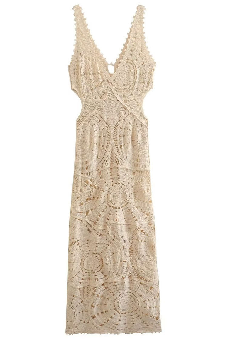Sexy V Neck Cutout Circle Crochet Open Knit Maxi Beach Vacation Dress - Beige  Fashionpara