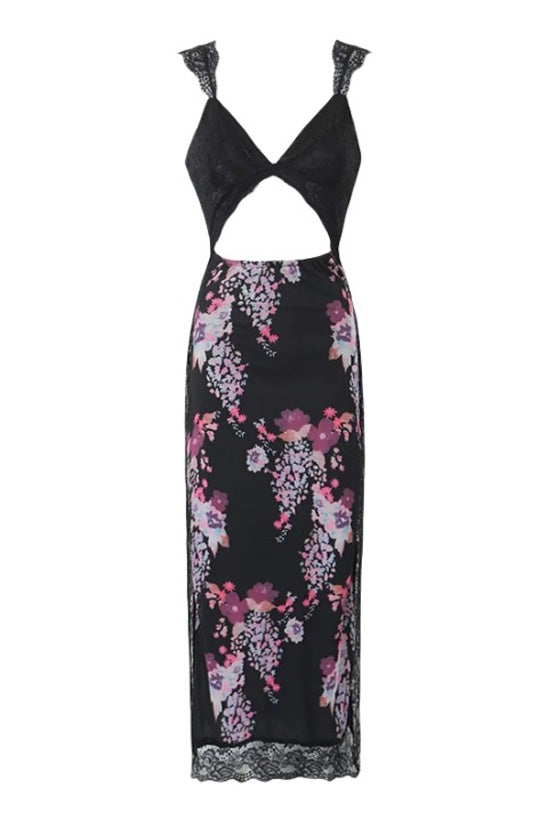 Sexy V Neck Cutout Lace Mesh Sleeveless Floral Print Split Slip Maxi Dress - Fashionpara