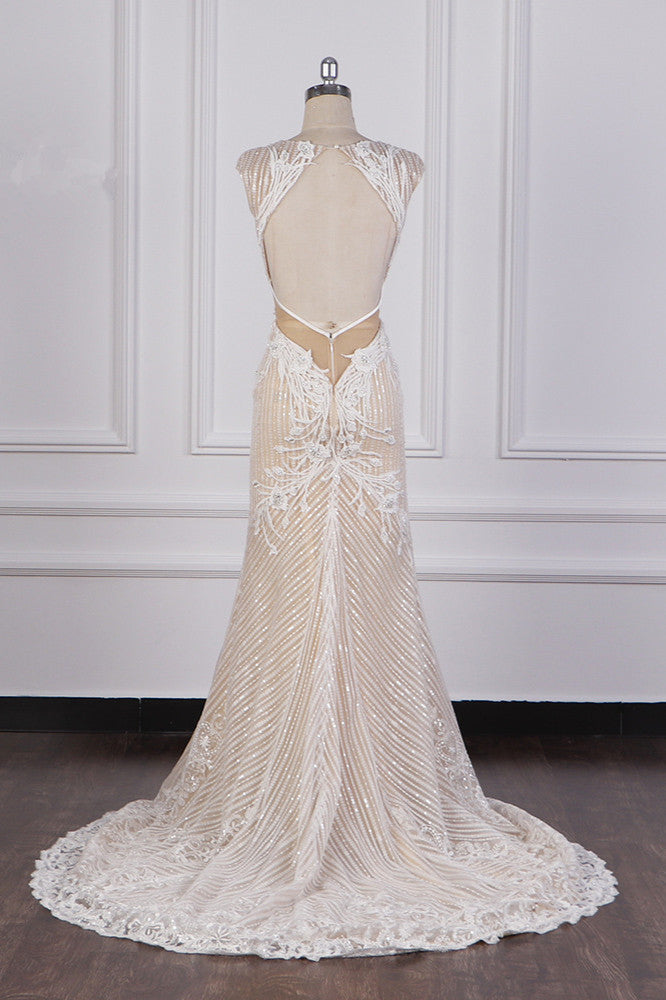 Sexy V-Neck Lace Appliques Wedding Dress Sleeveless Beadings Backless Bridal Gowns On Sale - Fashionpara