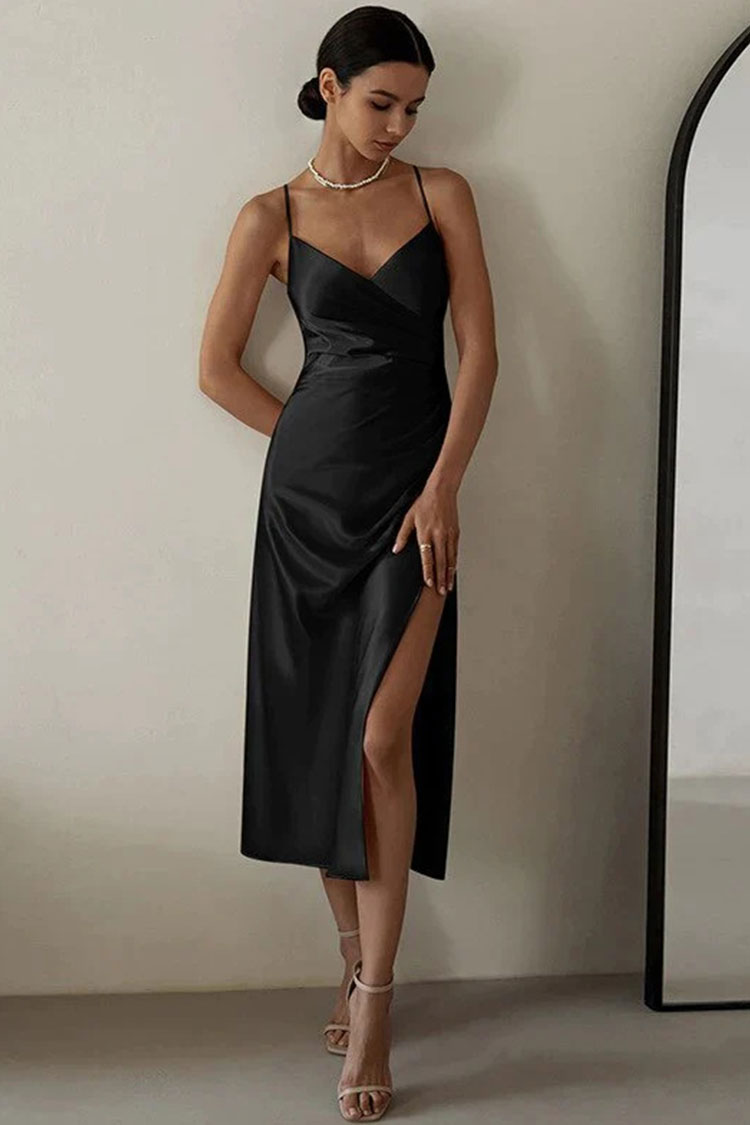 V Neck Ruched Trim High Split Cocktail Party Midi Dress - Black