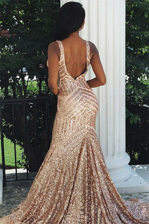 Sexy V-Neck Sequins Prom Dress Mermaid Sleeveless Long - Fashionpara