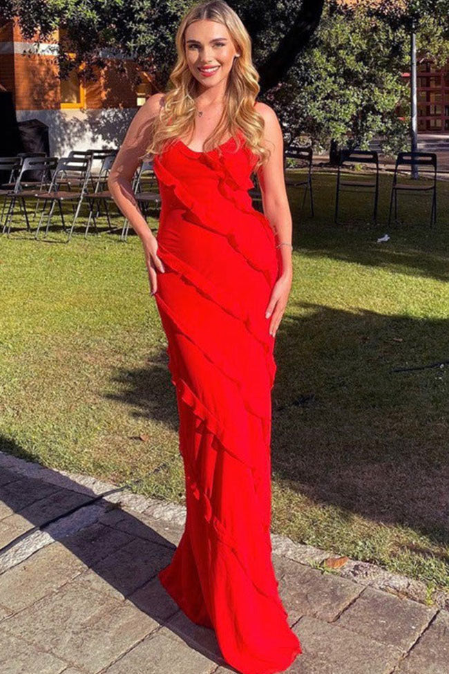 V Neck Spaghetti Strap Split Chiffon Ruffle Slip Maxi Dress - Red - Fashionpara