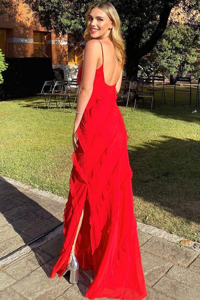 V Neck Spaghetti Strap Split Chiffon Ruffle Slip Maxi Dress - Red - Fashionpara