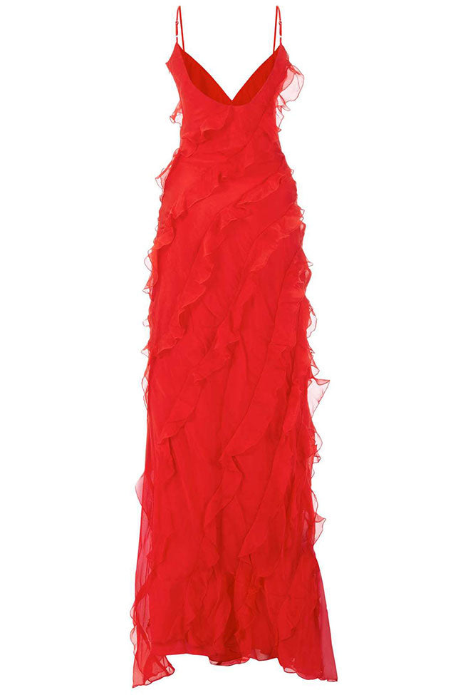 V Neck Spaghetti Strap Split Chiffon Ruffle Slip Maxi Dress - Red - Fashionpara