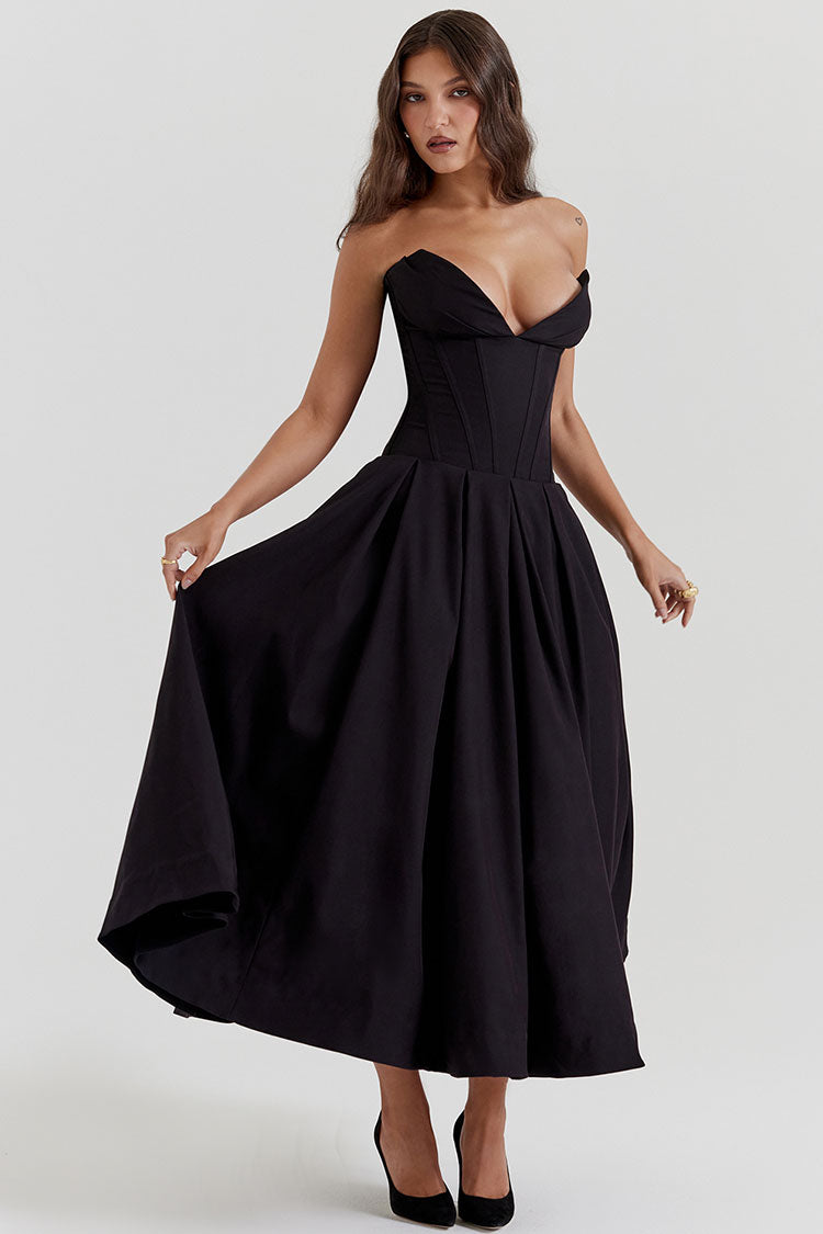 Sexy V Neck Strapless Fit & Flare Pleated Corset Cocktail Party Midi Dress - Black