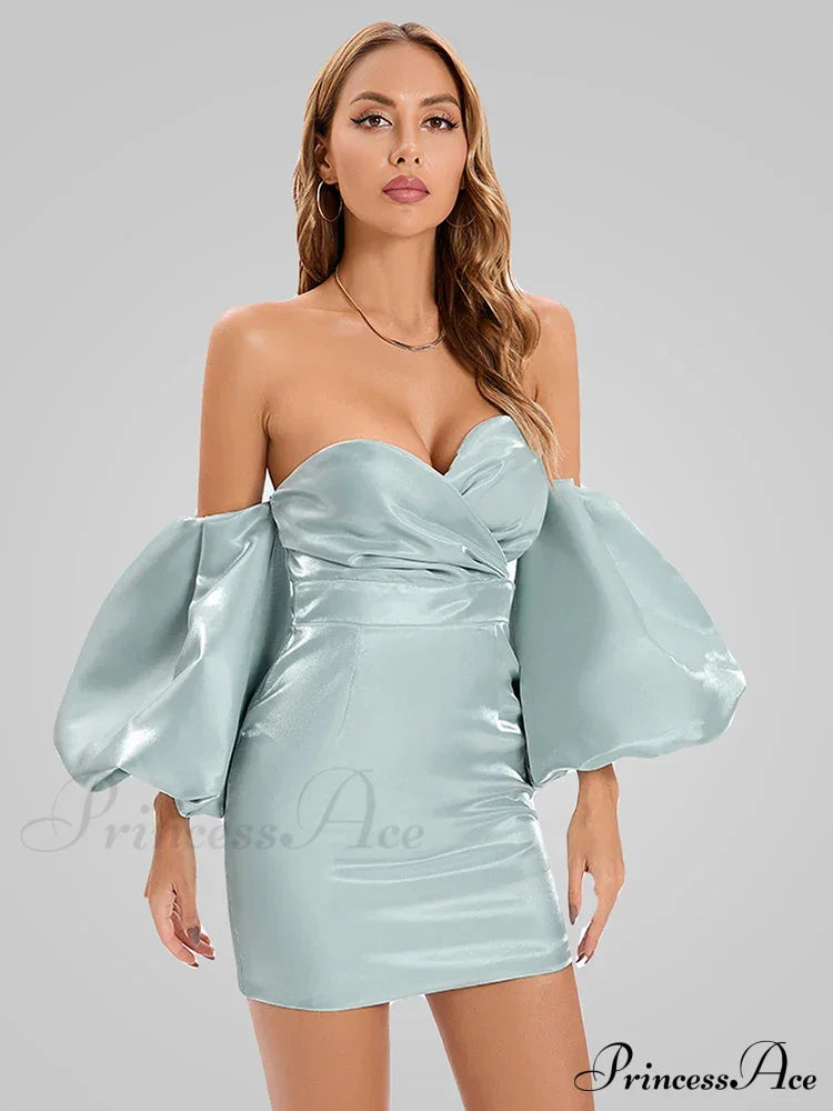 Sexy V-neck Strapless Puff Sleeve Satin Midi Off Shoulder Christmas Party Dress