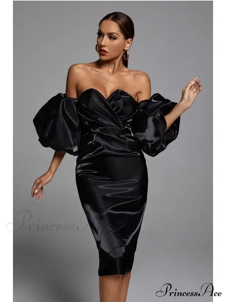 Sexy V-neck Strapless Puff Sleeve Satin Midi Off Shoulder Christmas Party Dress