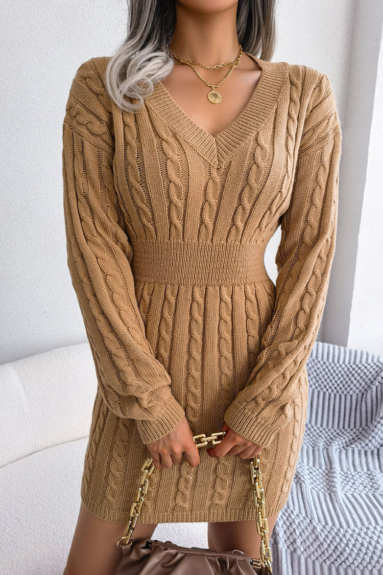 Rosedress Winter V Neck Cable Knit Sweater Mini Dress