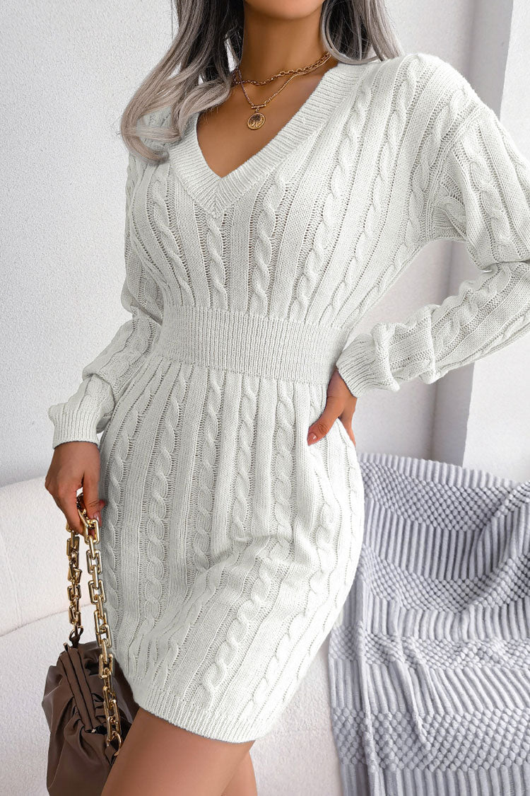 Rosedress Winter V Neck Cable Knit Sweater Dress in White