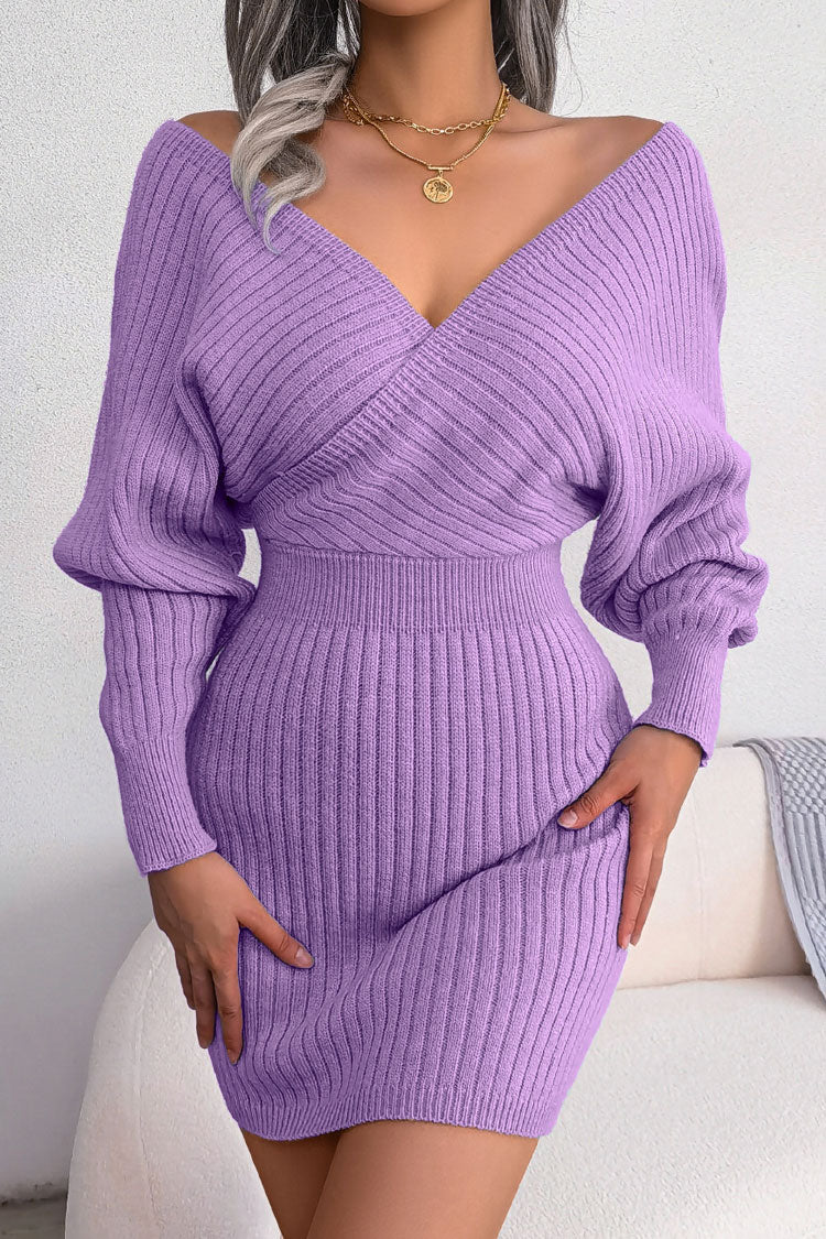Rosedress V Neck Rib Knit Mini Dress for Elegant Winter Style