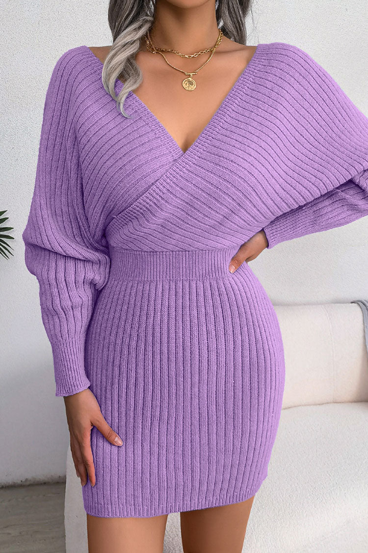 Rosedress V Neck Rib Knit Mini Dress for Elegant Winter Style