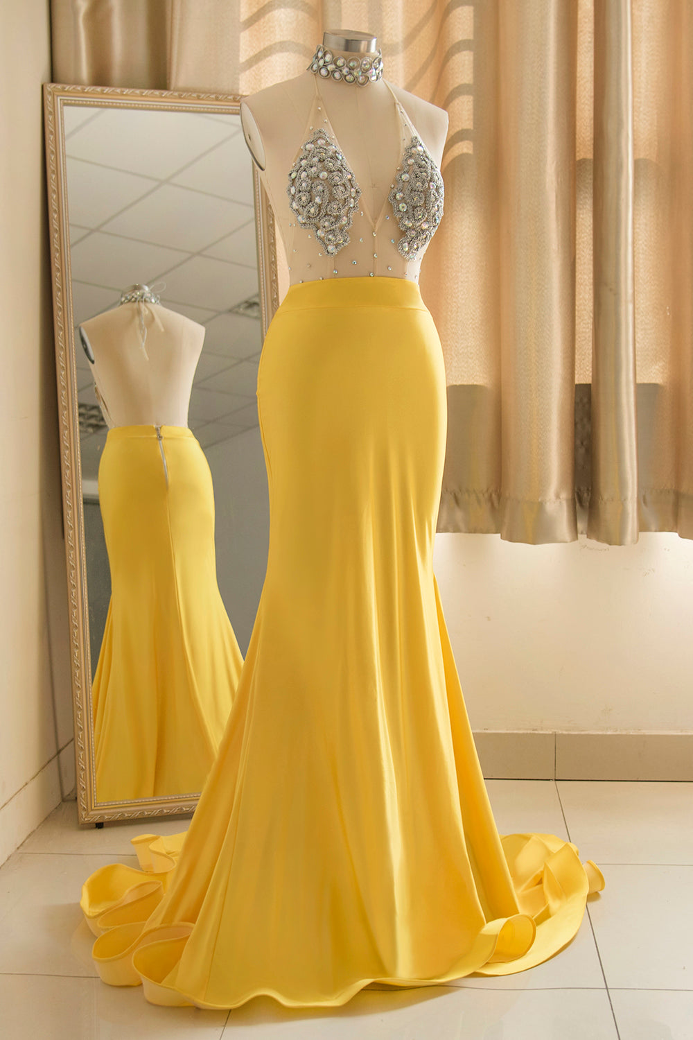 Sexy Yellow Halter Backless Prom Dress Long Mermaid With Crystals - Fashionpara