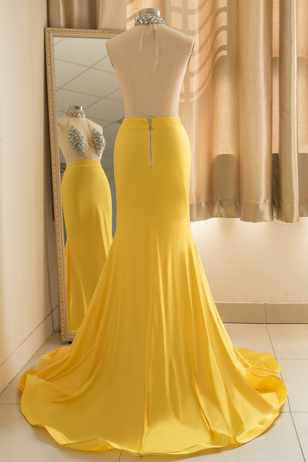 Sexy Yellow Halter Backless Prom Dress Long Mermaid With Crystals - Fashionpara