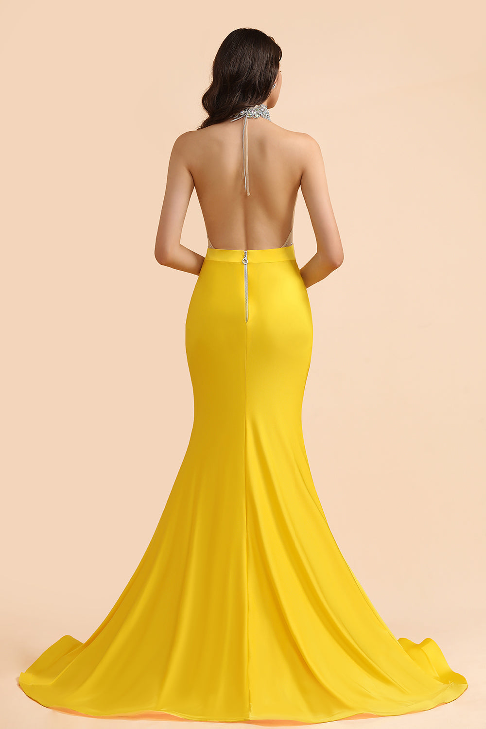 Sexy Yellow Halter Backless Prom Dress Long Mermaid With Crystals - Fashionpara