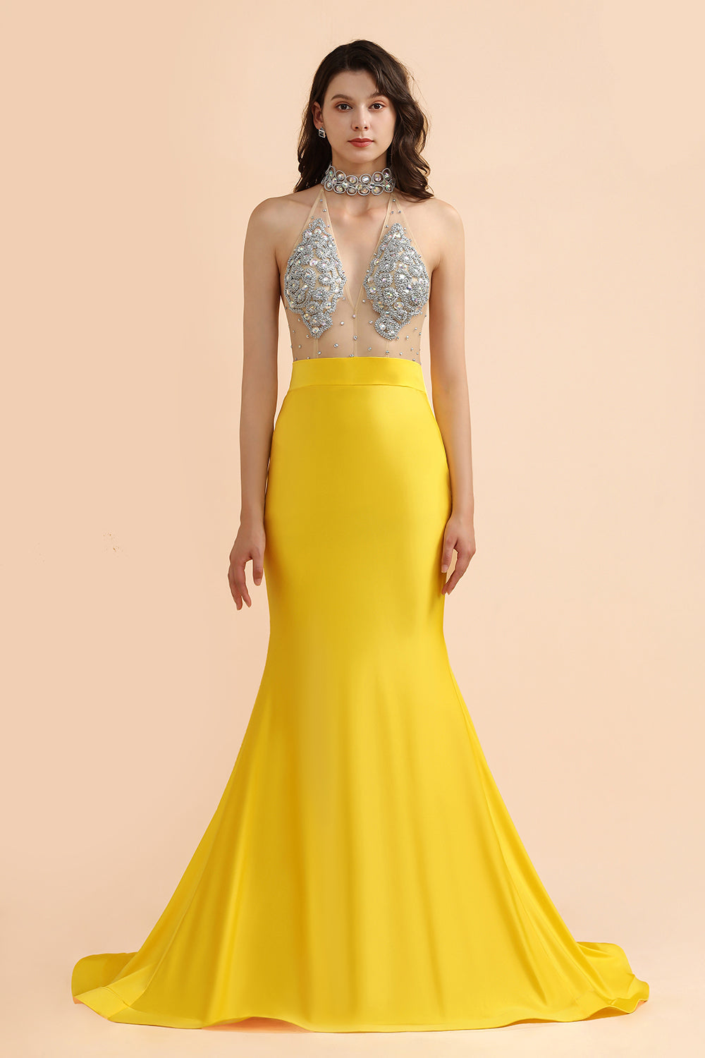 Sexy Yellow Halter Backless Prom Dress Long Mermaid With Crystals - Fashionpara