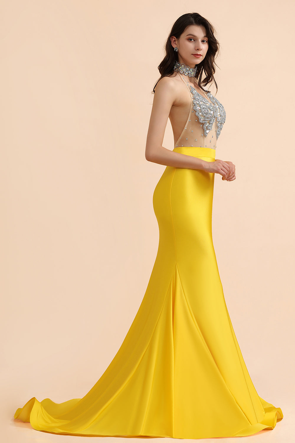 Sexy Yellow Halter Backless Prom Dress Long Mermaid With Crystals - Fashionpara