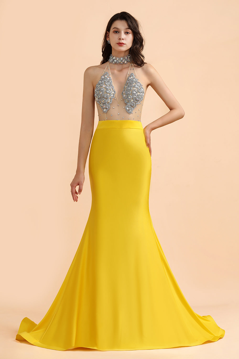 Sexy Yellow Halter Backless Prom Dress Long Mermaid With Crystals - Fashionpara
