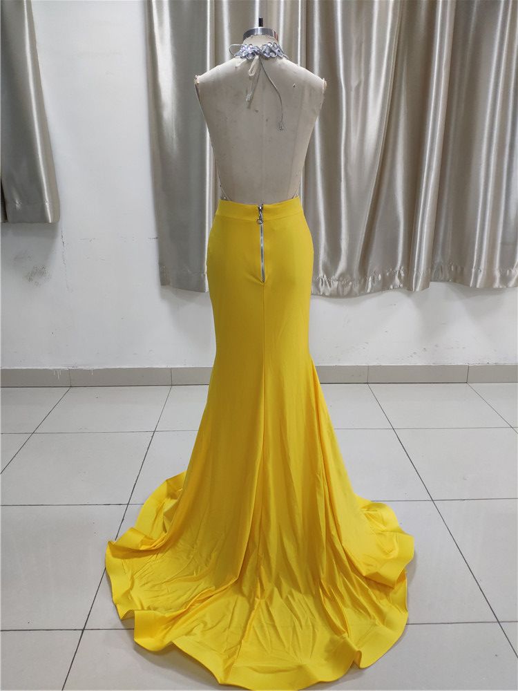 Sexy Yellow High Neck Ruffle Prom Dress Affordable with Backless - Fashionpara