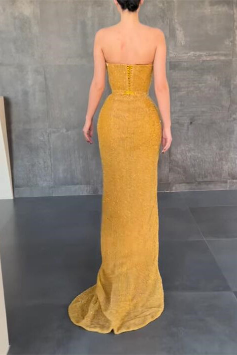 Sexy Yellow Sleeveless Mermaid Prom Dress With Side Slit