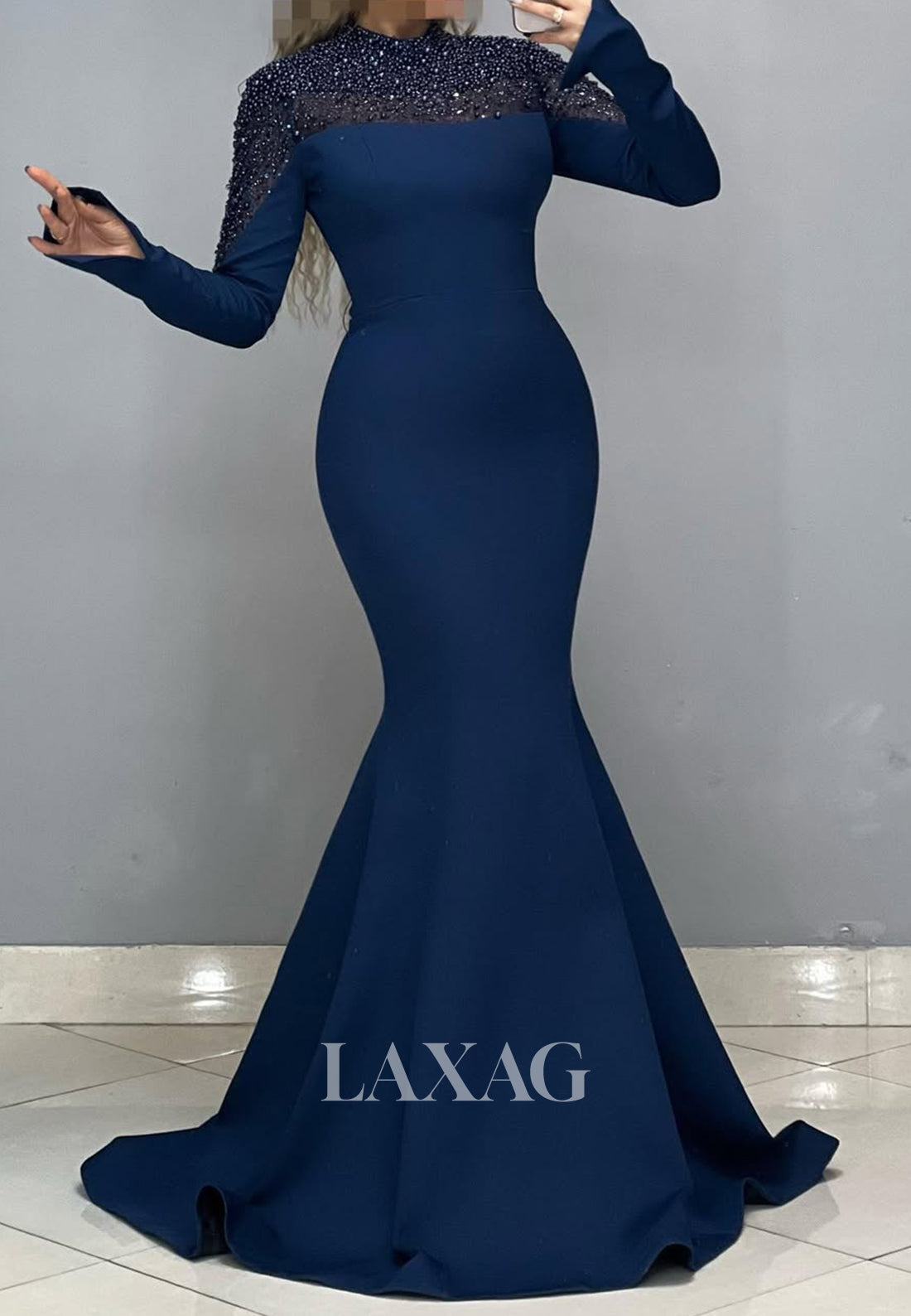 High Scoop-Neck Long Sleeves Formal Gowns Beaded Pearls Mermaid Prom Dress with Sweep Train