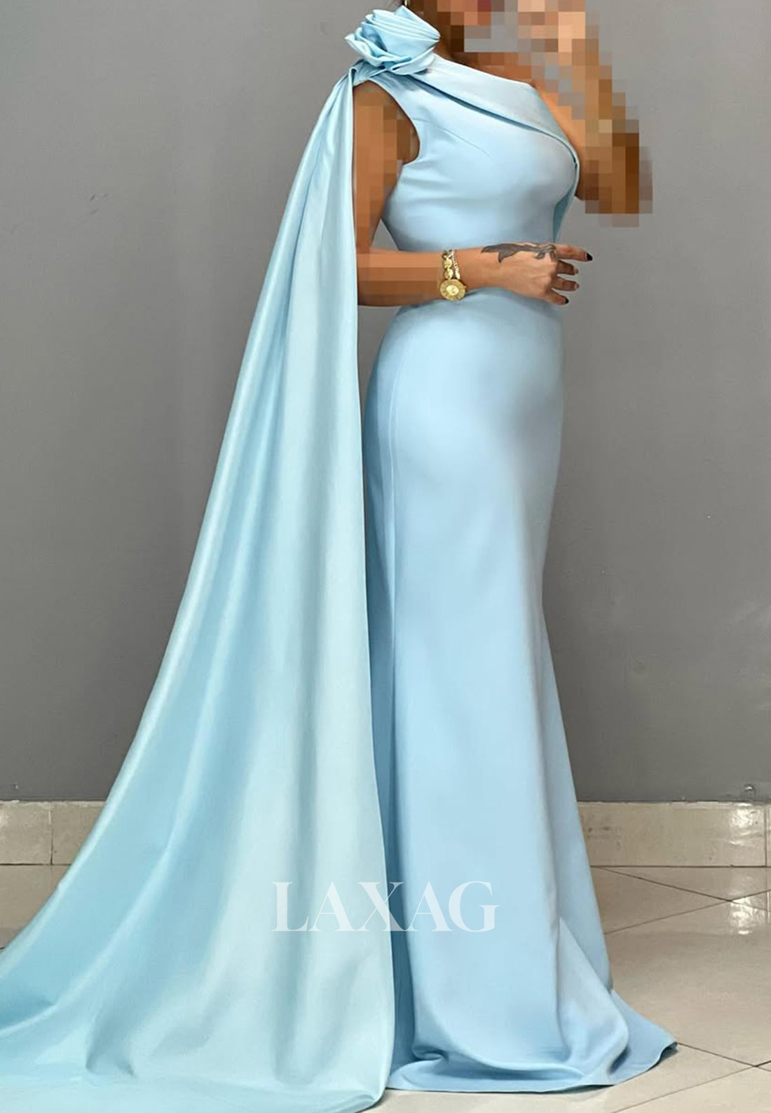Asymmetrical-Neck Sleeveless Floral Embossed Party Gowns Pleated Sweep Train Satin Mermaid Prom Dress
