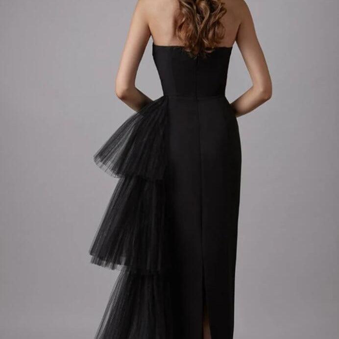 Sweetheart Strapless Tulle-Ruffle Bodycon Midi Dress