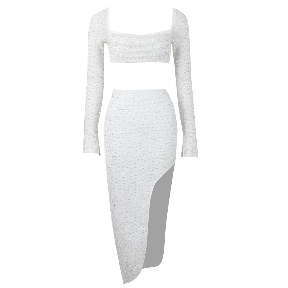 KittenAlarm - Shayne Solid Beaded Long Sleeve Crop Top & Asymmetric Hem Skirt Set