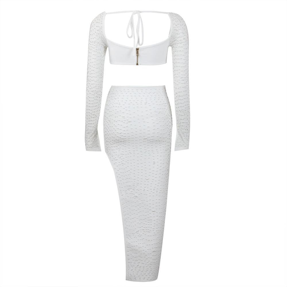 KittenAlarm - Shayne Solid Beaded Long Sleeve Crop Top & Asymmetric Hem Skirt Set