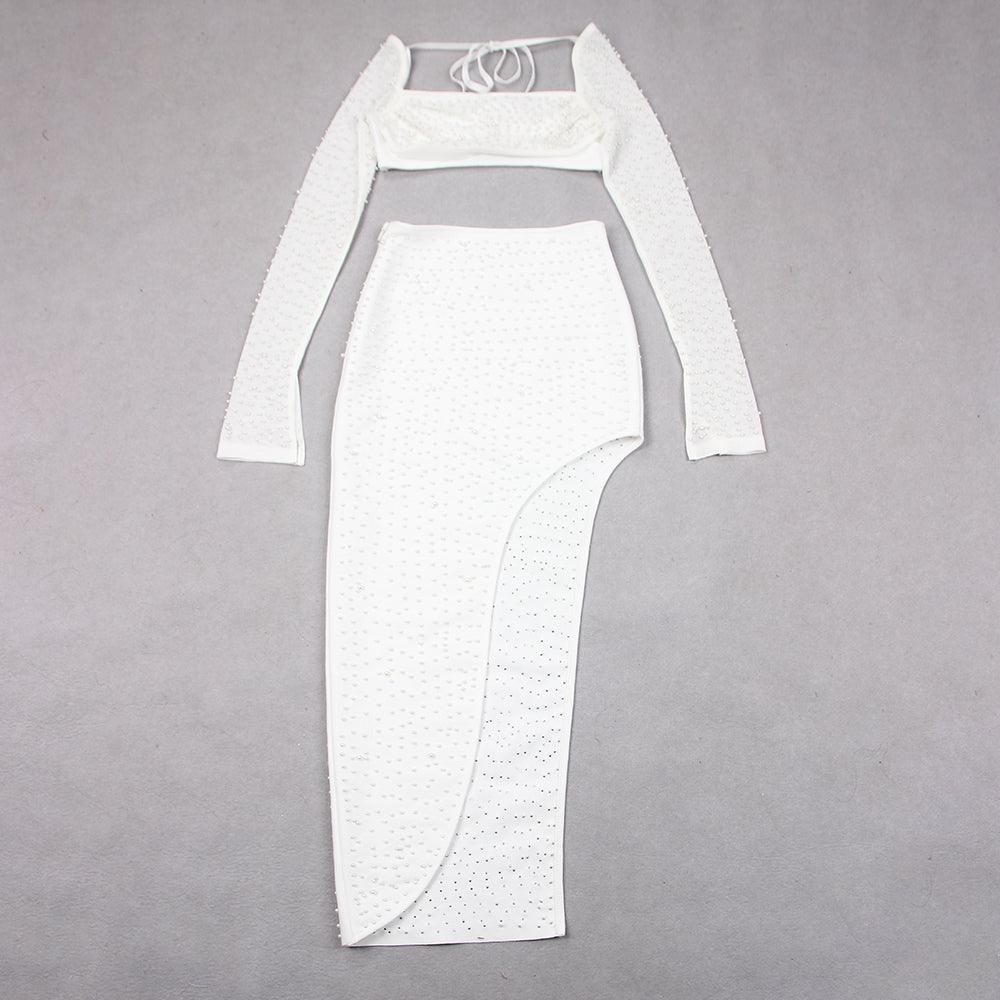 KittenAlarm - Shayne Solid Beaded Long Sleeve Crop Top & Asymmetric Hem Skirt Set