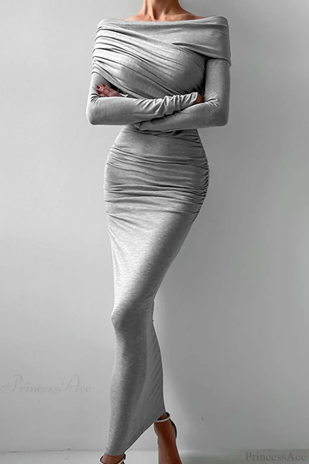 Off Shoulder Ruched Long Sleeve Bodycon Maxi Dress