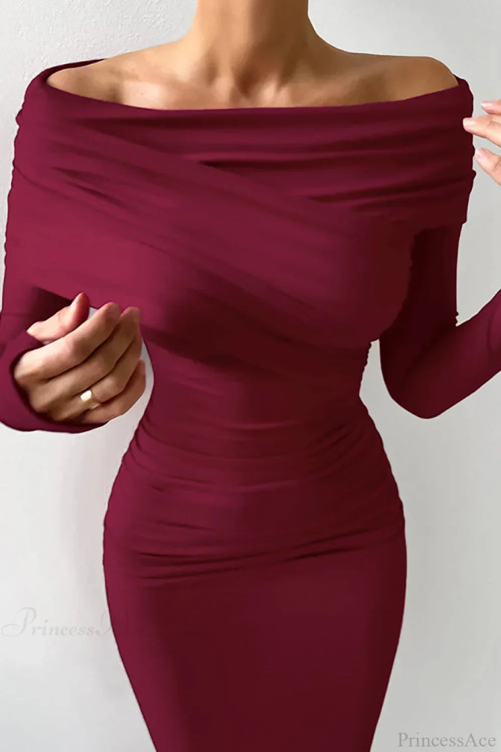 Off Shoulder Ruched Long Sleeve Bodycon Maxi Dress