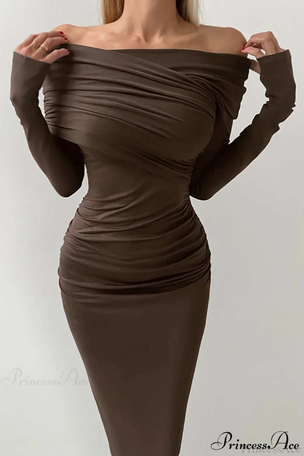 Sheath Off Shoulder Sleek Maxi Dress Brown / S