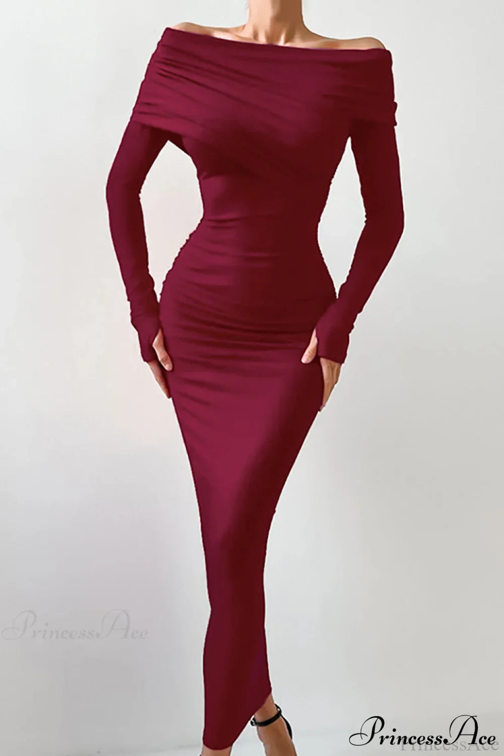 Sheath Off Shoulder Sleek Maxi Dress Burgundy / S