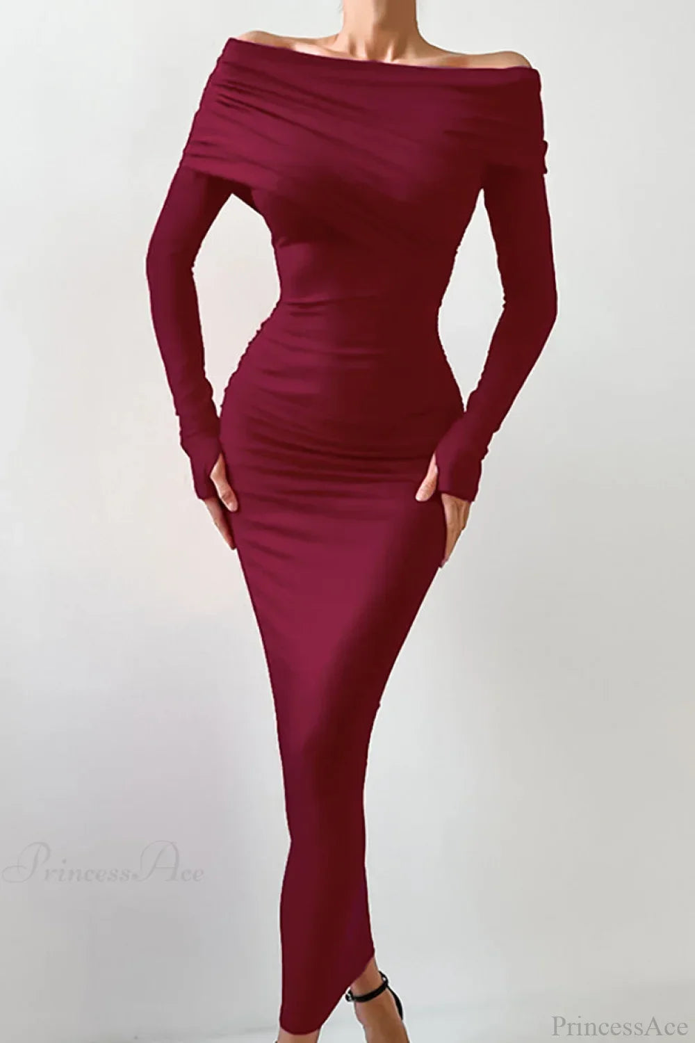 Off Shoulder Ruched Long Sleeve Bodycon Maxi Dress