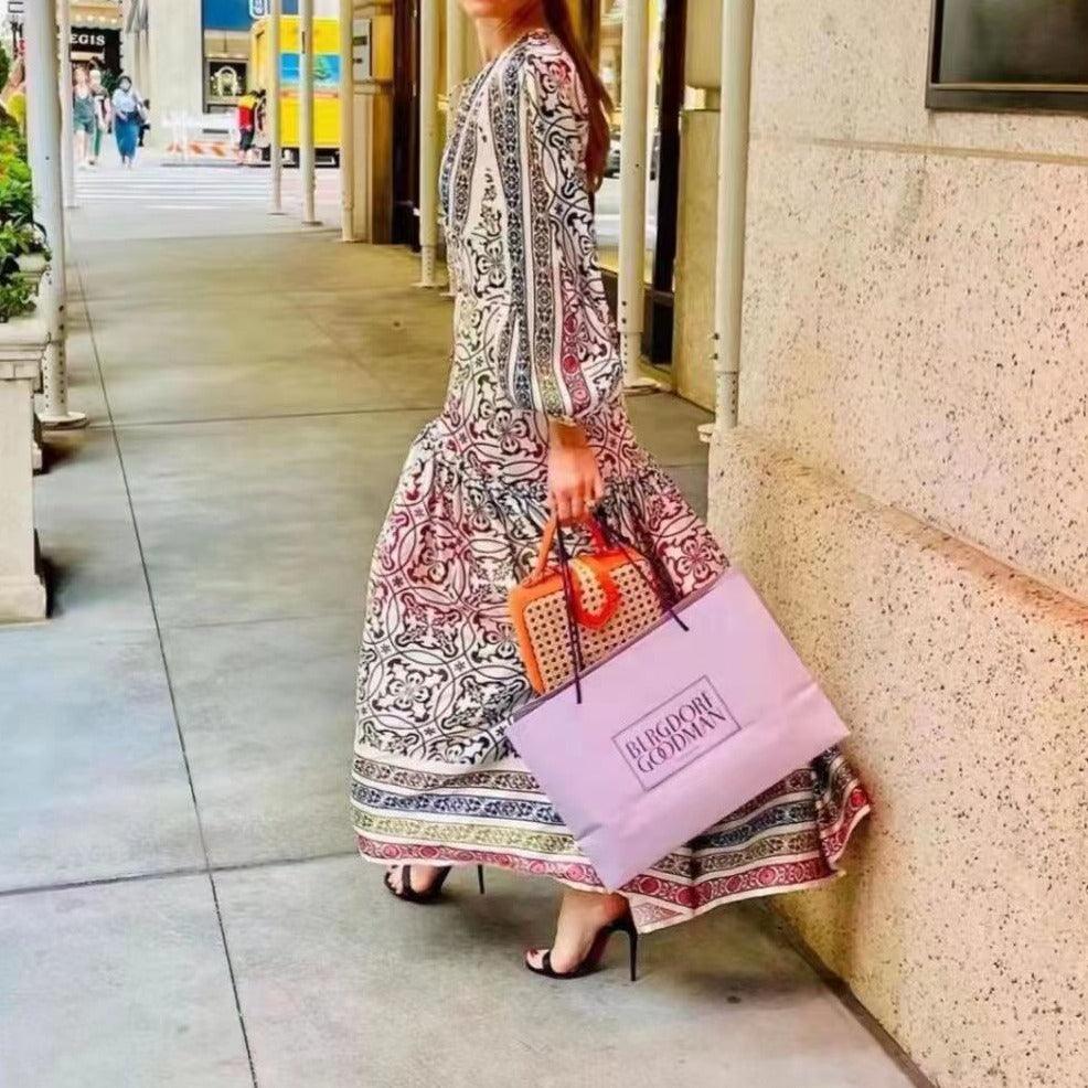 Ornate Print V-Neck Puff Sleeve Tiered Maxi Dress
