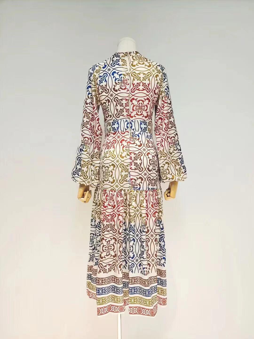 Ornate Print V-Neck Puff Sleeve Tiered Maxi Dress