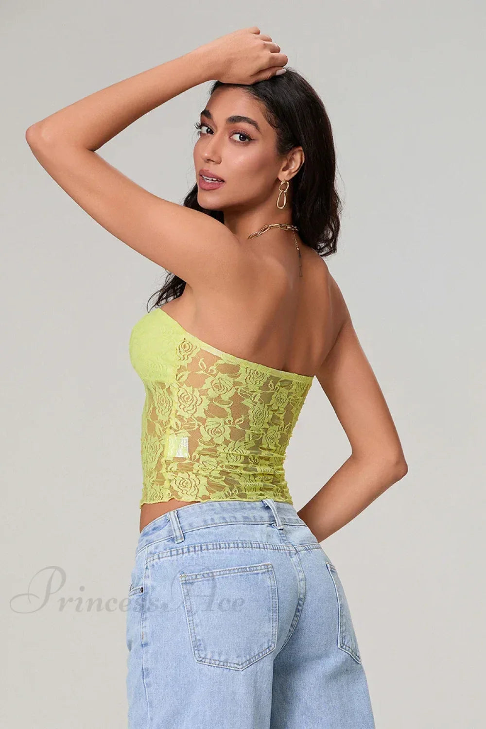 Sheer Lace Off-shoulder Strapless Low Cut Bandeau Top - Fashionpara