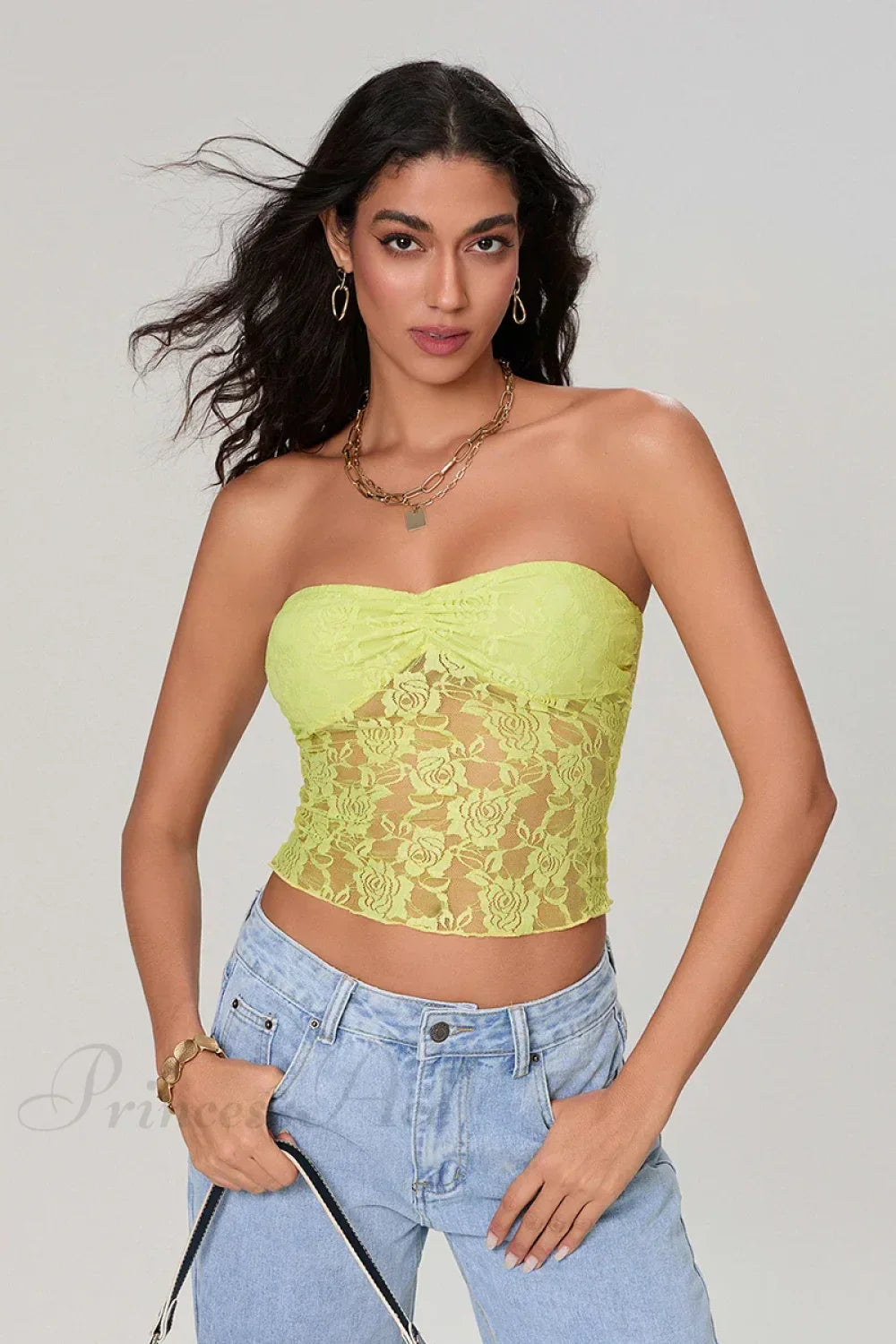 Sheer Lace Off-shoulder Strapless Low Cut Bandeau Top - Fashionpara