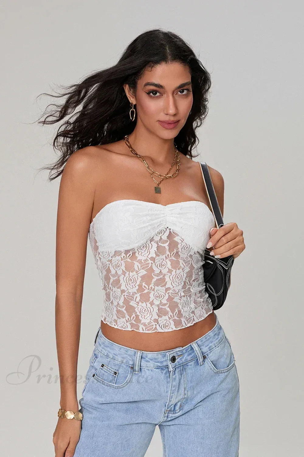 Sheer Lace Off-shoulder Strapless Low Cut Bandeau Top - Fashionpara