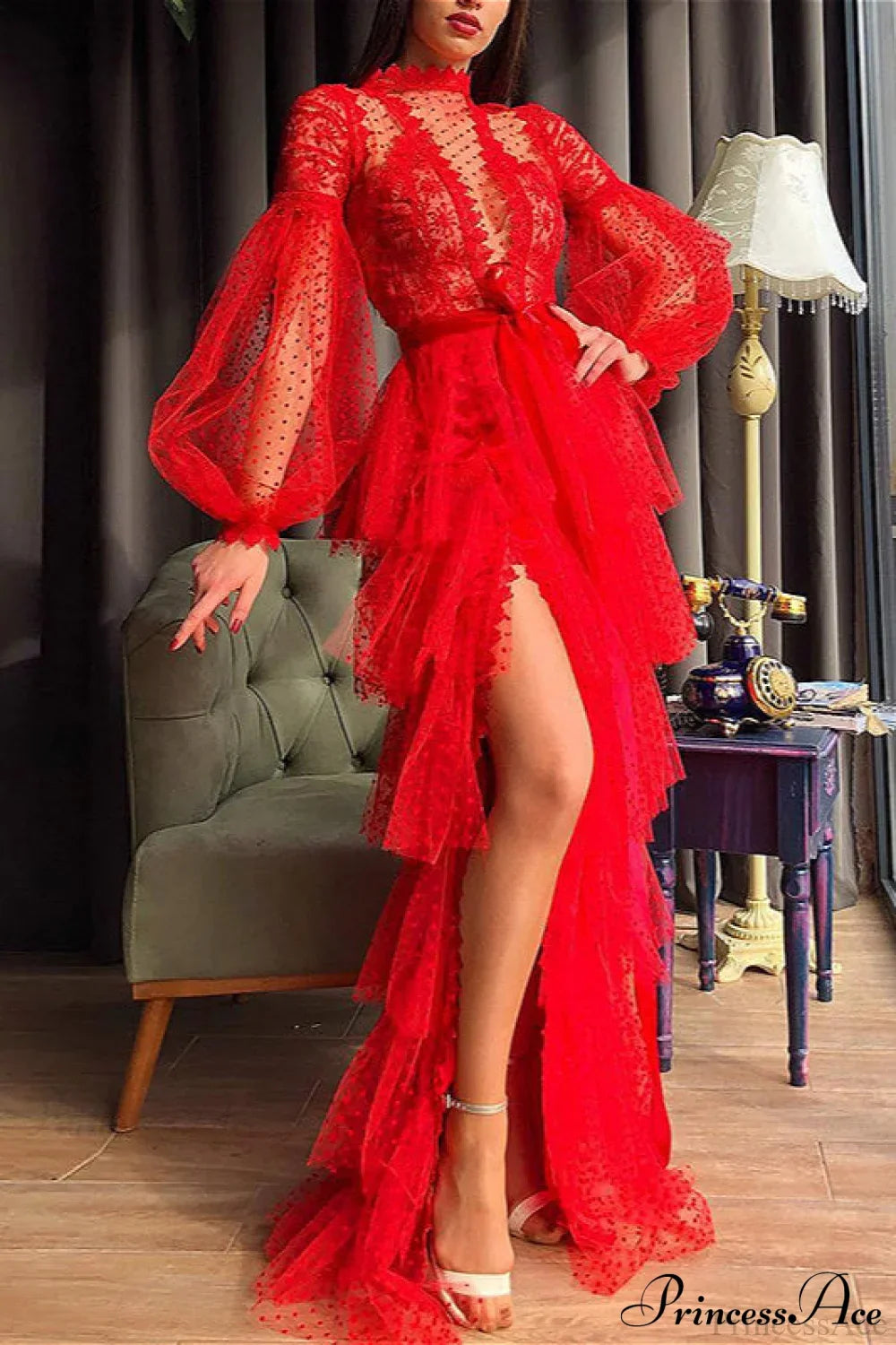 Lace High Neck Bishop Sleeve Tiered Ruffle Gown
