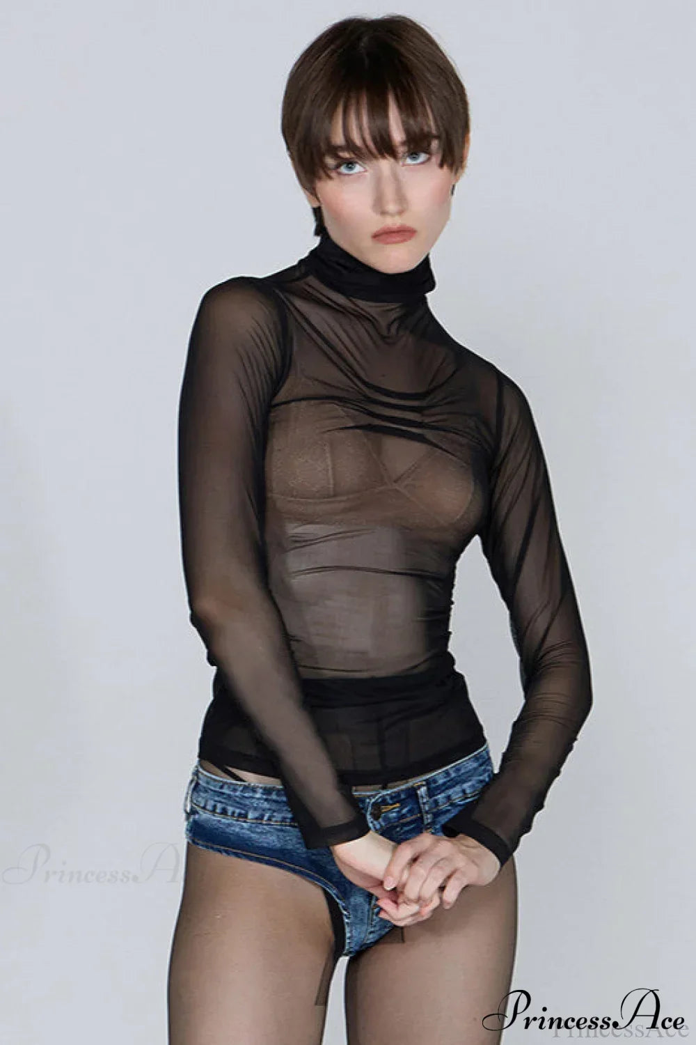 Sheer Solid Turtleneck Long Sleeve Tee