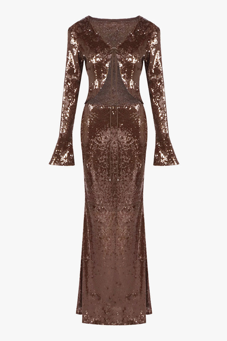 Shimmering Sequin Tie Front Jacket Fishtail Maxi Skirt Matching Set