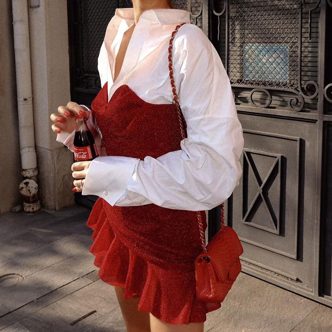 Ruffled Ruched Bodycon Club Mini Dress - Red