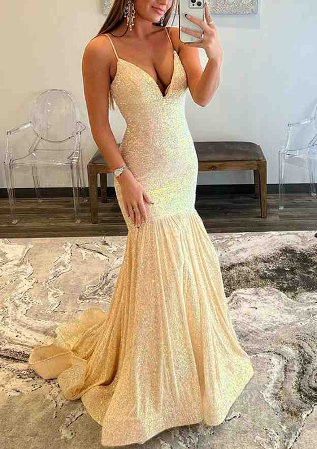 Shine Bright in Sequined Trumpet/Mermaid V-Neck Prom Dress/Evening Dress - Fashionpara
