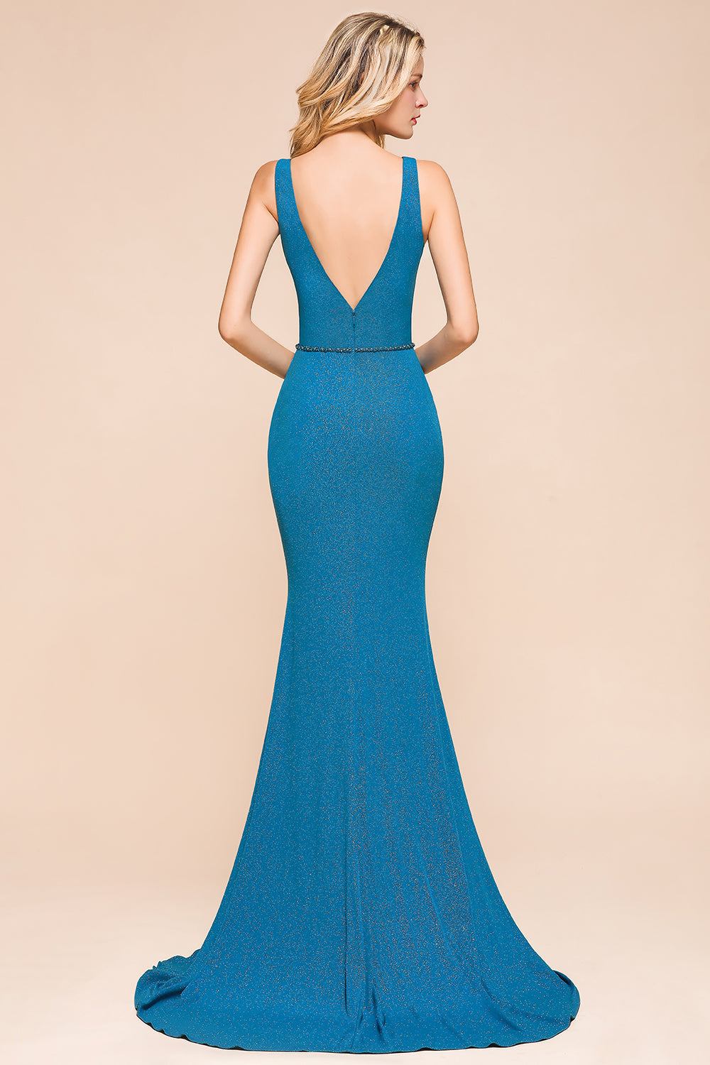 Shinning Blue Mermaid Long Prom Dress V-Neck Sleeveless Long Evening Gowns - Fashionpara