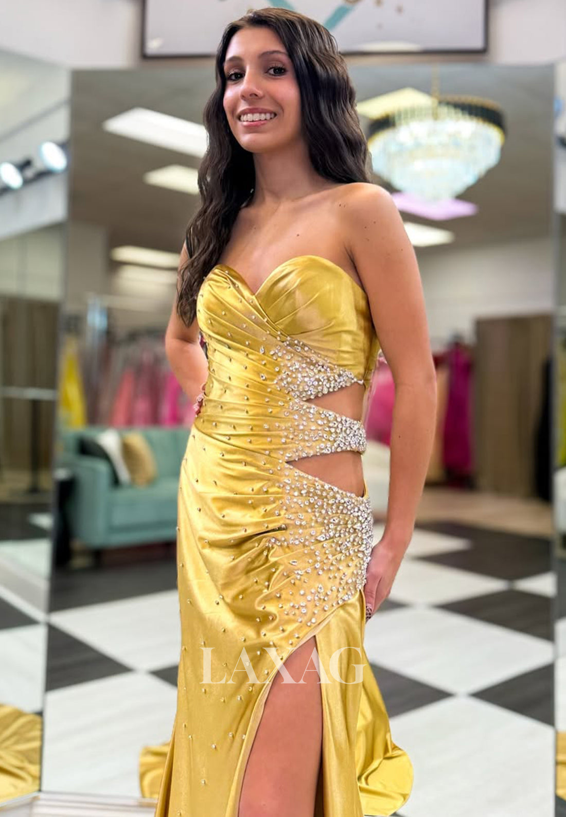 Off-Shoulder Sweetheart Sleeveless Mermaid Prom Dress Beaded Pleated Cutout Evening Gowns with Slit - Fashionpara